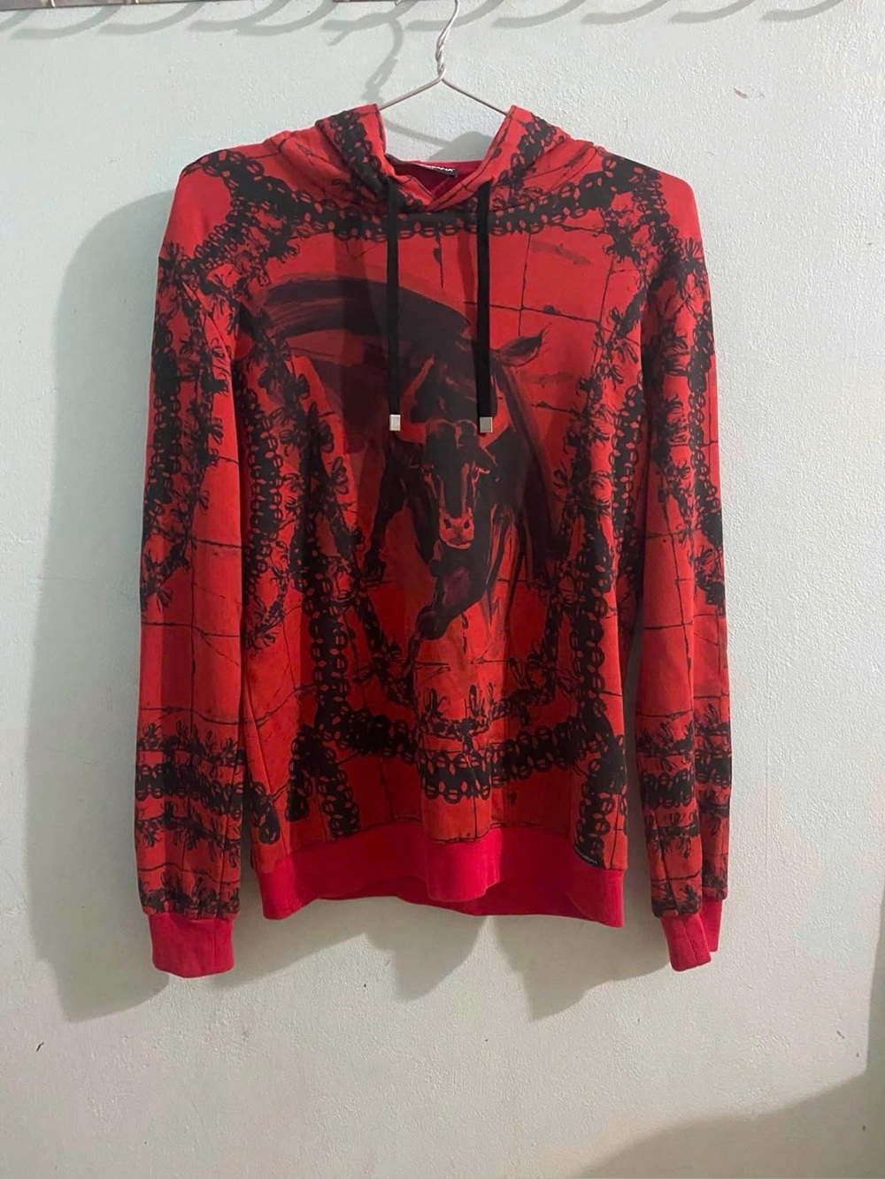 Dolce & Gabbana Red Crewneck Hoodie with Black Bull Graphic